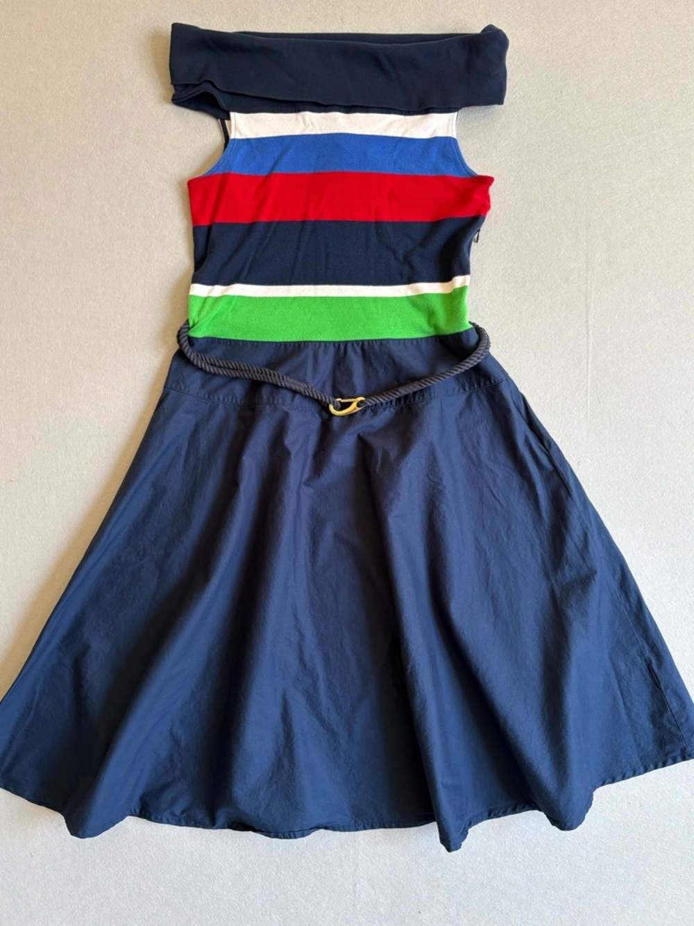 Lauren Ralph Lauren Navy Off Shoulder  Striped Dress cotton sz L 90s Summer